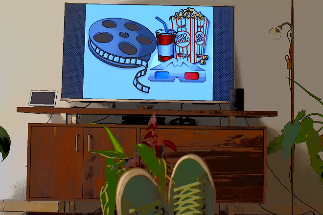 L'immagine mostra uno schermo televisivo che mostra un pacchetto di popcorn, un bicchiere di soda, occhiali 3d e un nastro di pellicola.