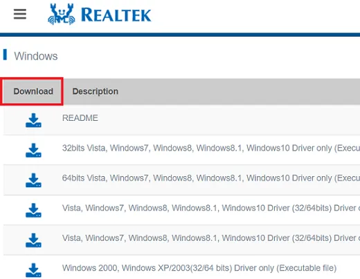 Opzioni di download del driver Windows Realtek