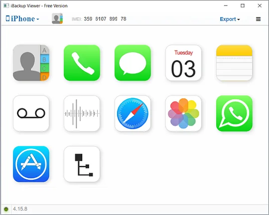 Interfaccia iBackup Viewer che mostra le icone per recuperare foto, contatti... da un iPhone