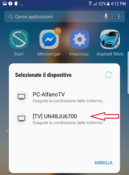 Opzione per selezionare Smart TV Samsung su Android
