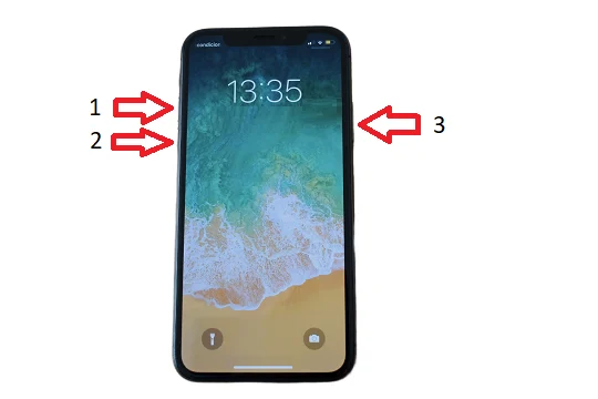 L'immagine mostra la combinazione di pulsanti che devono essere premuti per forzare il riavvio di un iPhone 8, X e versioni successive.