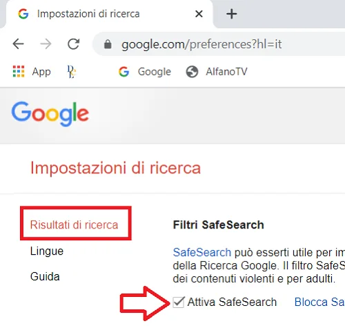 opzione per Attivare SafeSearch su Google