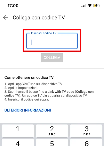 Collega YouTube con codice TV