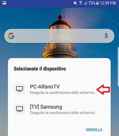 Opzione per trasmettere schermo Android su PC