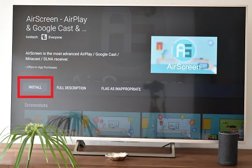 L'applicazione AirScreen su uno schermo TV Sony, con l'opzione Installa. 