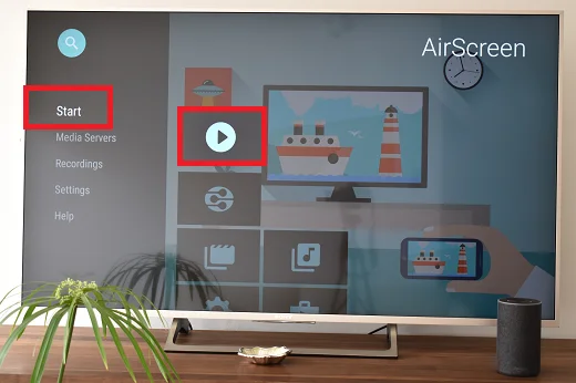 Schermata dell'applicazione AirScreen con l'opzione Start e il classico pulsante di esecuzione evidenziato.