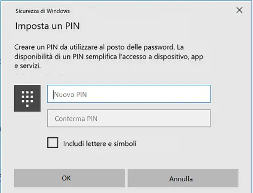 Finestra per aggiungere un PIN a Windows 10
