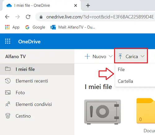 Opzione per caricare un file su OneDrive dal PC
