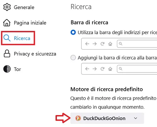 Impostazione del browser DuckDuckGoOnion come predefinito nel browser Tor