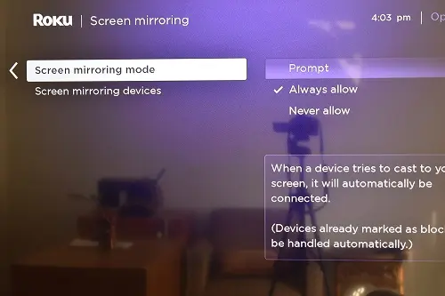 Opzione screen mirroring su Roku
