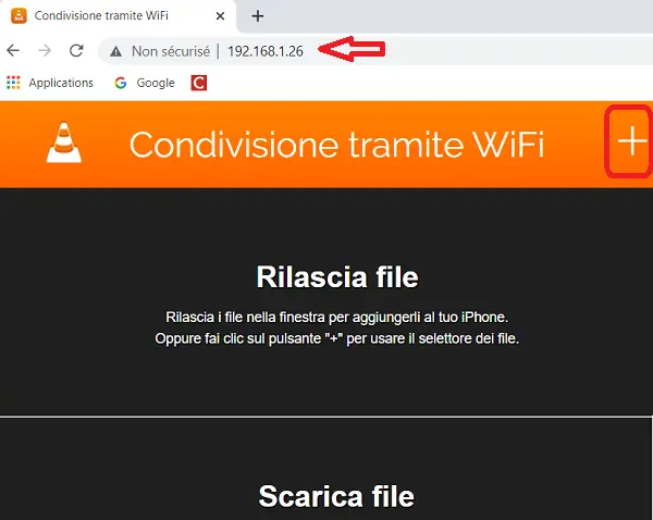 Opzione per trasferire file su iPhone in modalità wireless con VLC