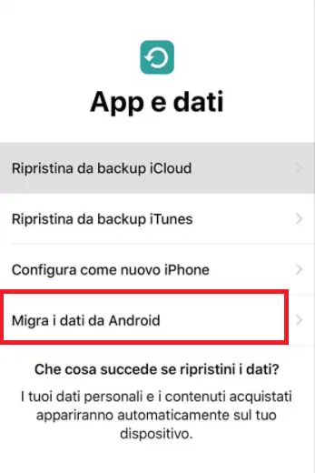 Opzione per migrare i dati da Android a iPhone in Move to iOS