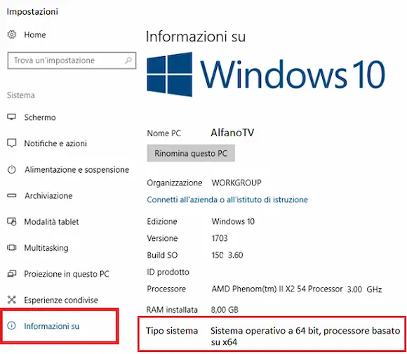  Informazioni sulla finestra in Windows 10. Il tipo di informazioni è racchiuso in un rettangolo.