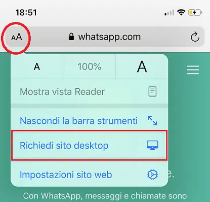 Richiedi sito desktop su WhatsApp Web in Safari iOS