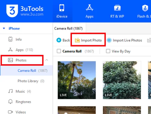 Opzione per importare foto e video su un iPhone tramite l'app 3uTools