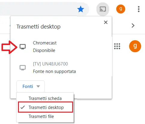 Opzione Trasmetti desktop su Chromecast
