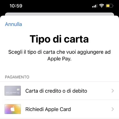 Possibilità di aggiungere una carta di credito ad Apple Wallet