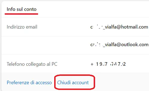 Opzione per chiudere account Outlook Hotmail